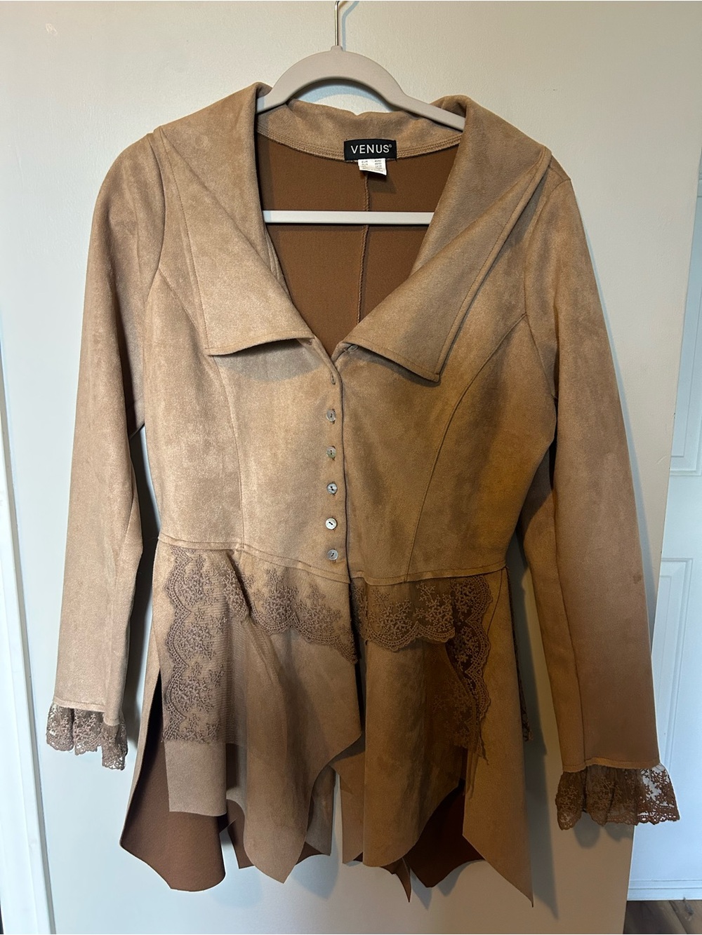 VENUS Tan Lace-Trim Suede-Look Trench Coat